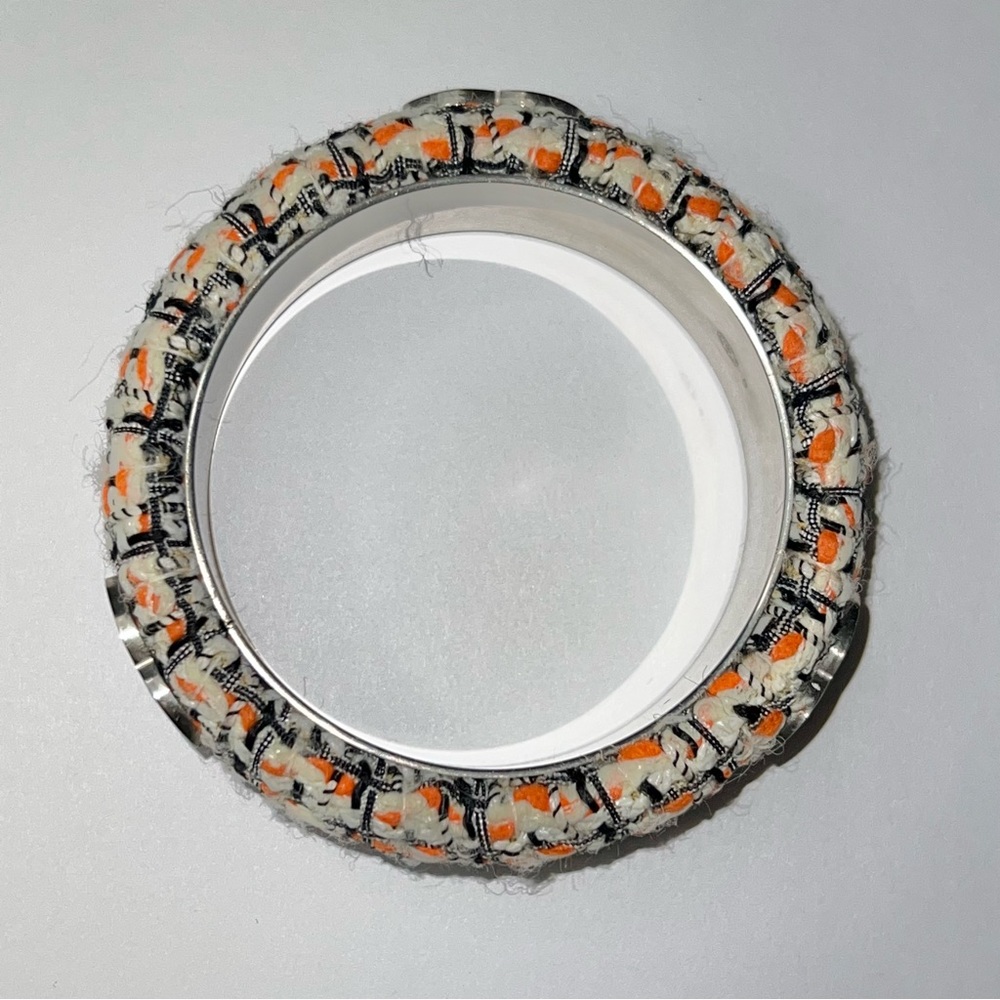 AUTH Chanel Orange Cream Tweed Bangle Bracelet Silver Metal CC Logo - Picture 8 of 11